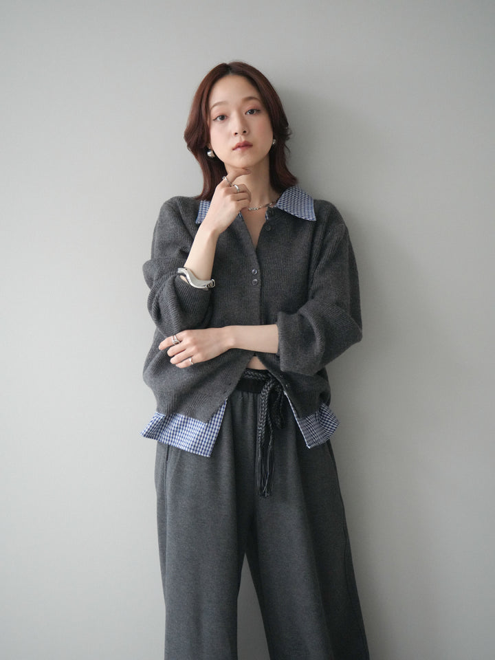 [SET]チェックシャツ襟ニットカーディガン+編み込みベルト付きウエスト配色スエットパンツ(2set)