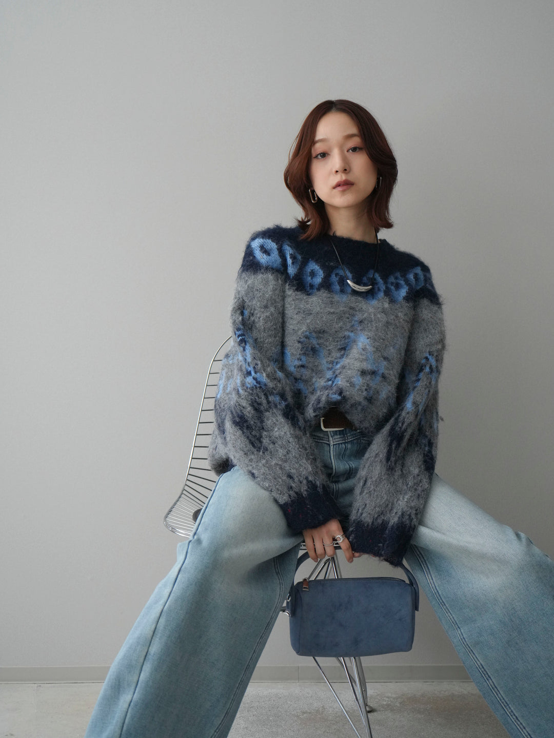 [SET]シャギーニュアンス柄ニットプルオーバー+ベルト付裏起毛カーブデニムパンツ(2set)