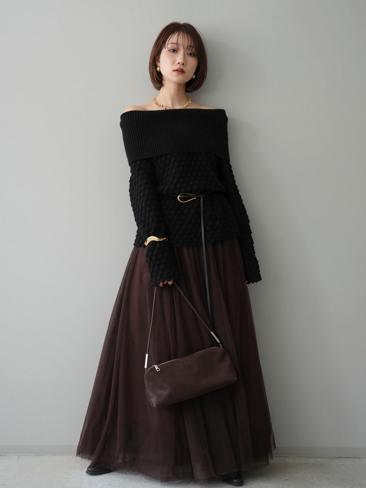 [SET]ポコポコ編みオフショルニットプルオーバー+チュールボリュームスカート(2set)