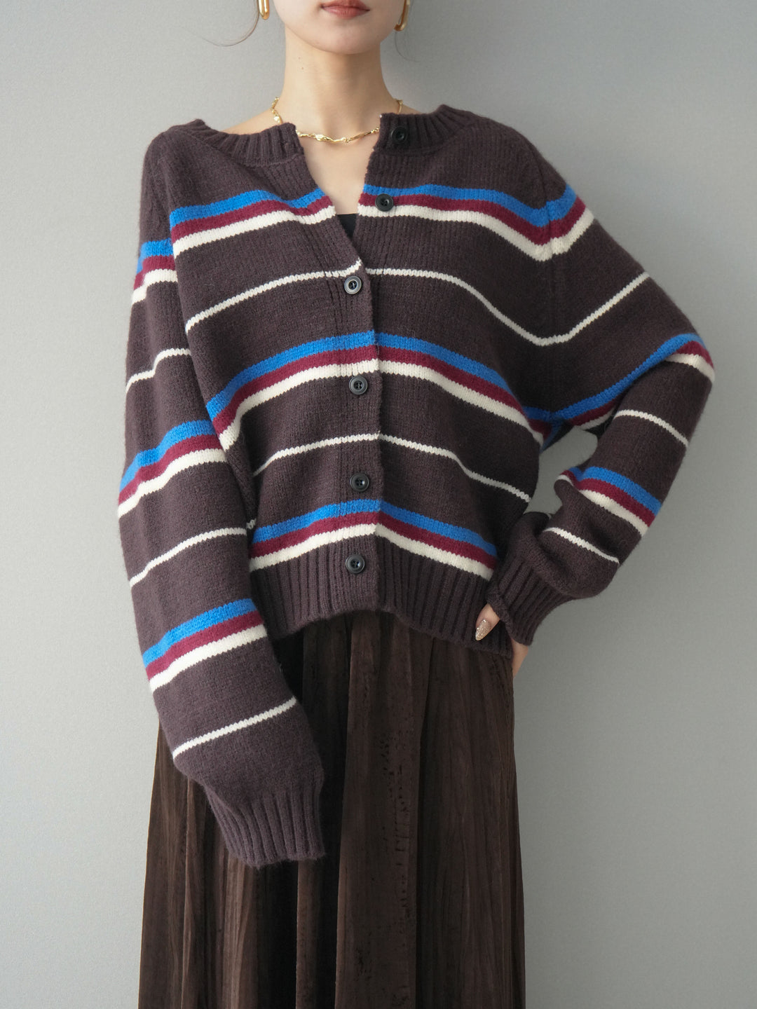 [予約]ランダムボーダーニットカーディガン/brown