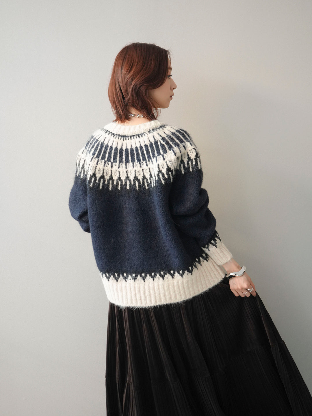 [予約]トグルボタン求心柄ニットカーディガン/blue