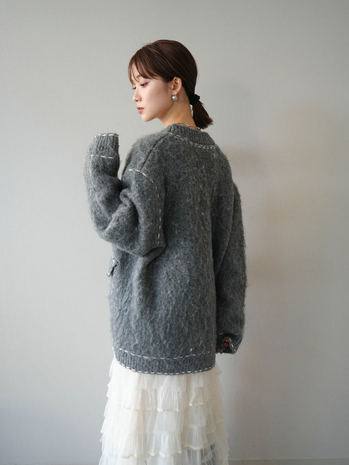 [予約]ステッチVネックニットカーディガン/グレー