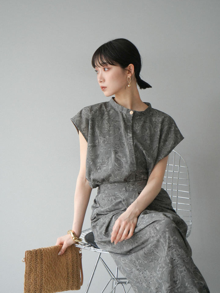 [SET]ペイズリープリントゴールドボタンブラウス+ペイズリープリントタックIラインスカート(2set)