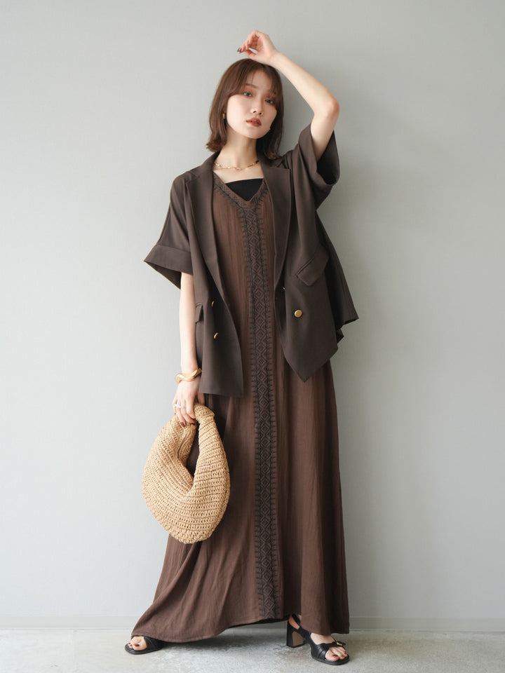 [予約]刺繍Vネックワンピース/ブラウン