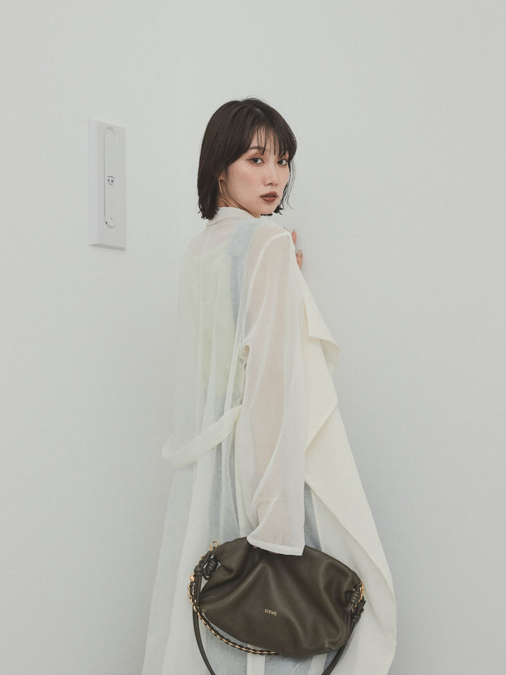 [SET] 中縫牛仔背帶褲 + 透視長版外套（2 件組）