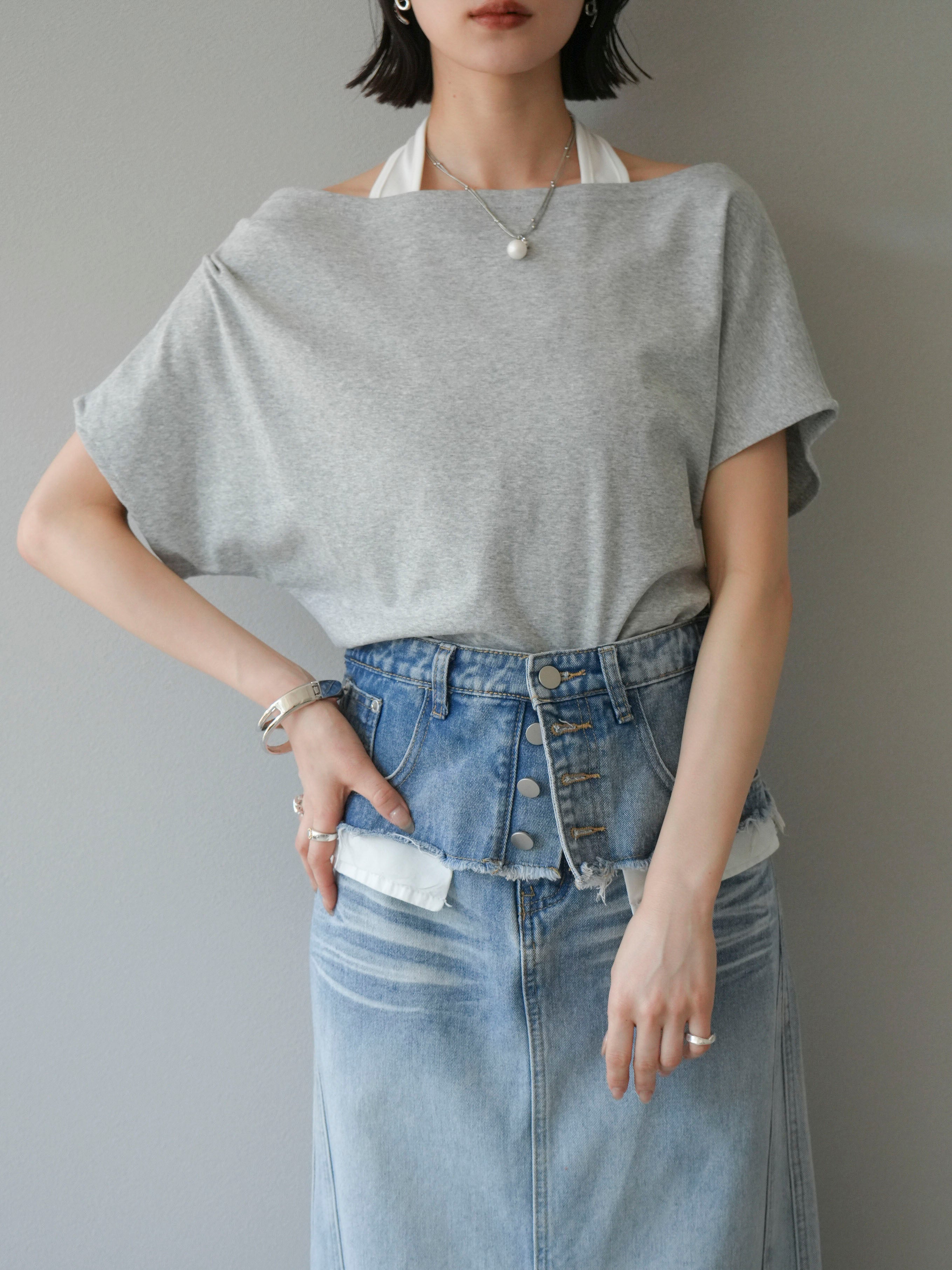 予約]レイヤードデザインホルターネックプルオーバー/グレー