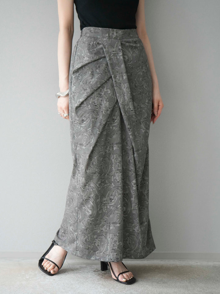 [予約]ペイズリープリントタックIラインスカート/グレー