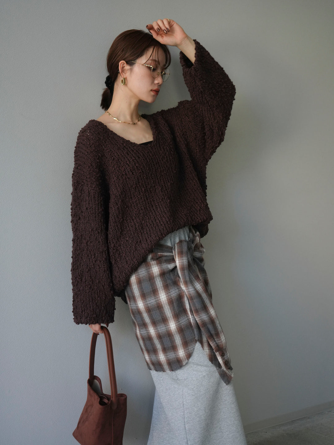 [予約]メランジポコポコニットプルオーバー/brown