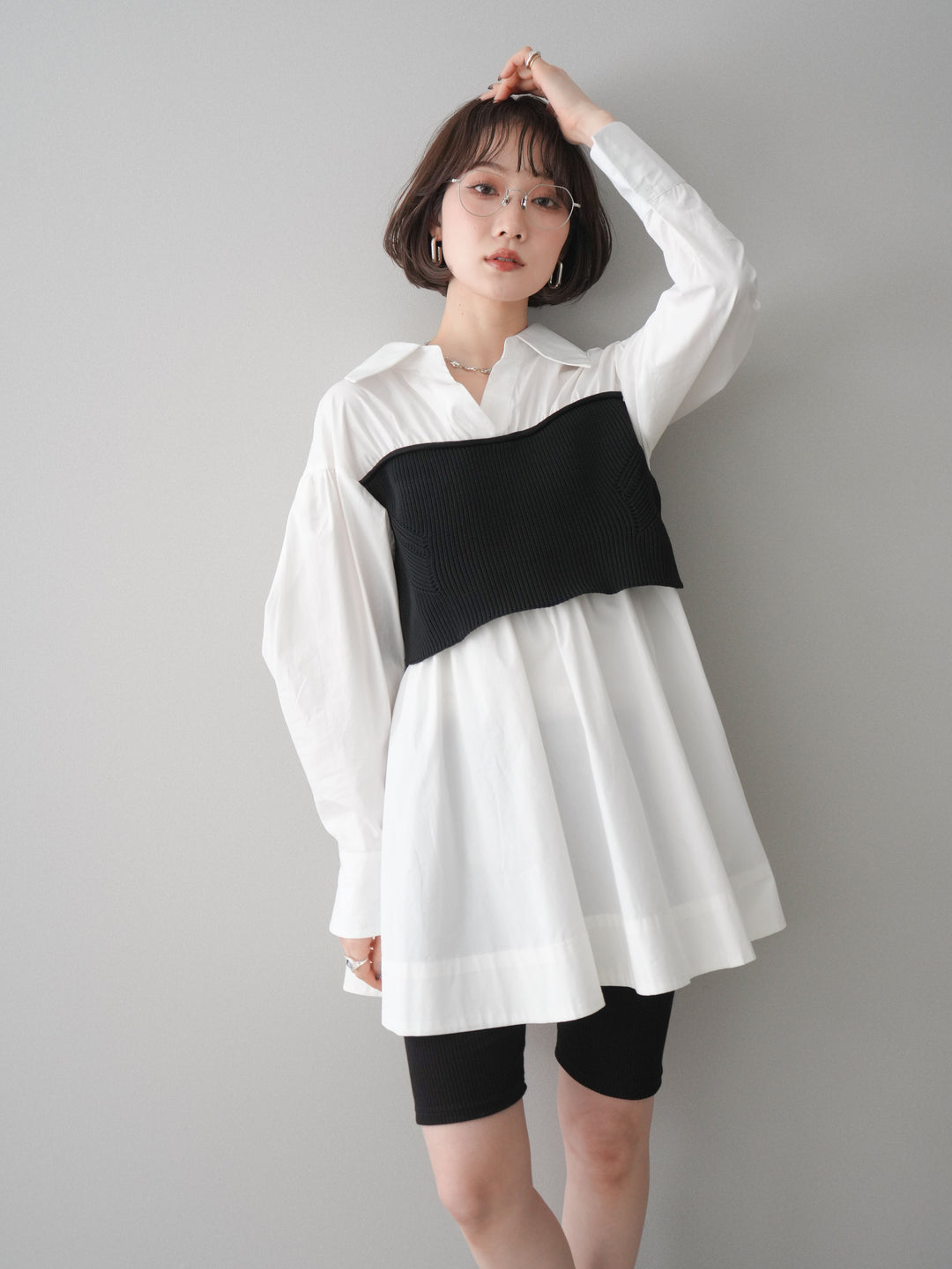 [予約]ニットビスチェドッキングフレアシャツチュニック/offwhite