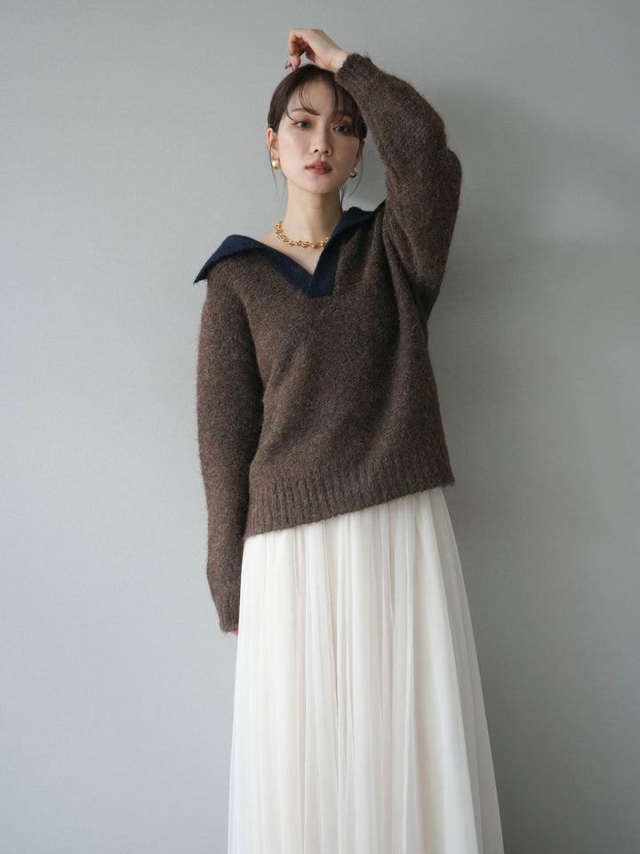 [予約]バイカラー襟付きニットプルオーバー/brown