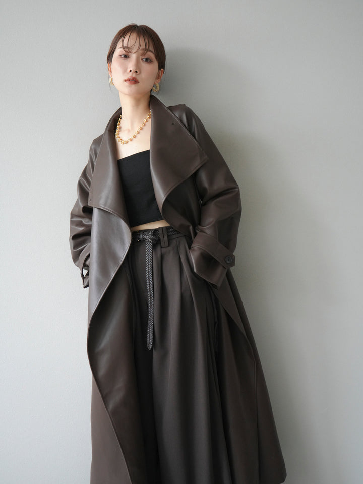 [予約]BIGカラーレザーロングコート/ブラウン