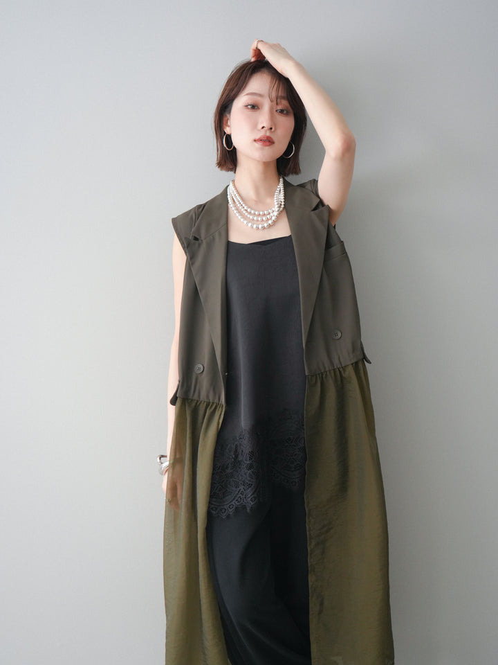 [SET]シアーレイヤードテーラードロングジレ+レーストリムキャミソール+2WAYデザインスウェットパンツ(3set)