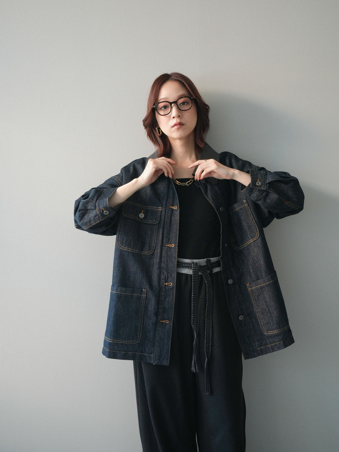 [SET]裏地ファーデニムフライトジャケット+編み込みベルト付きウエスト配色スエットパンツ(2set)