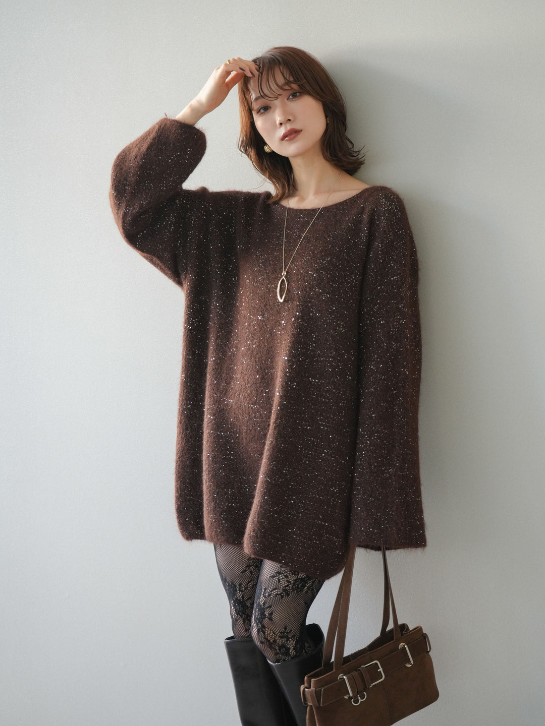 [予約]スパンコールミニシャギーニットチュニック/brown