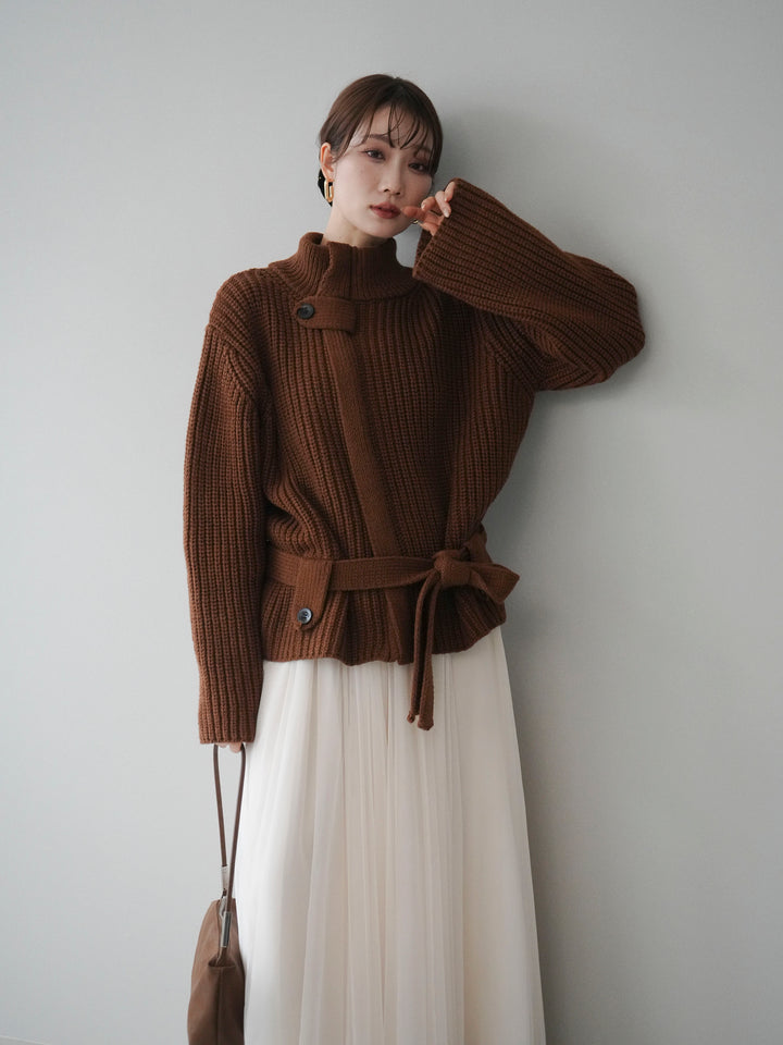 [予約]畦編みボトルネックZIPニットカーディガン/brown