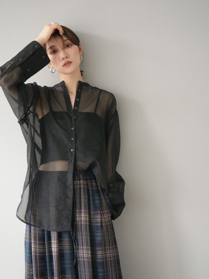 [予約]シャイニーシアーバンドカラーシャツ/ブラック