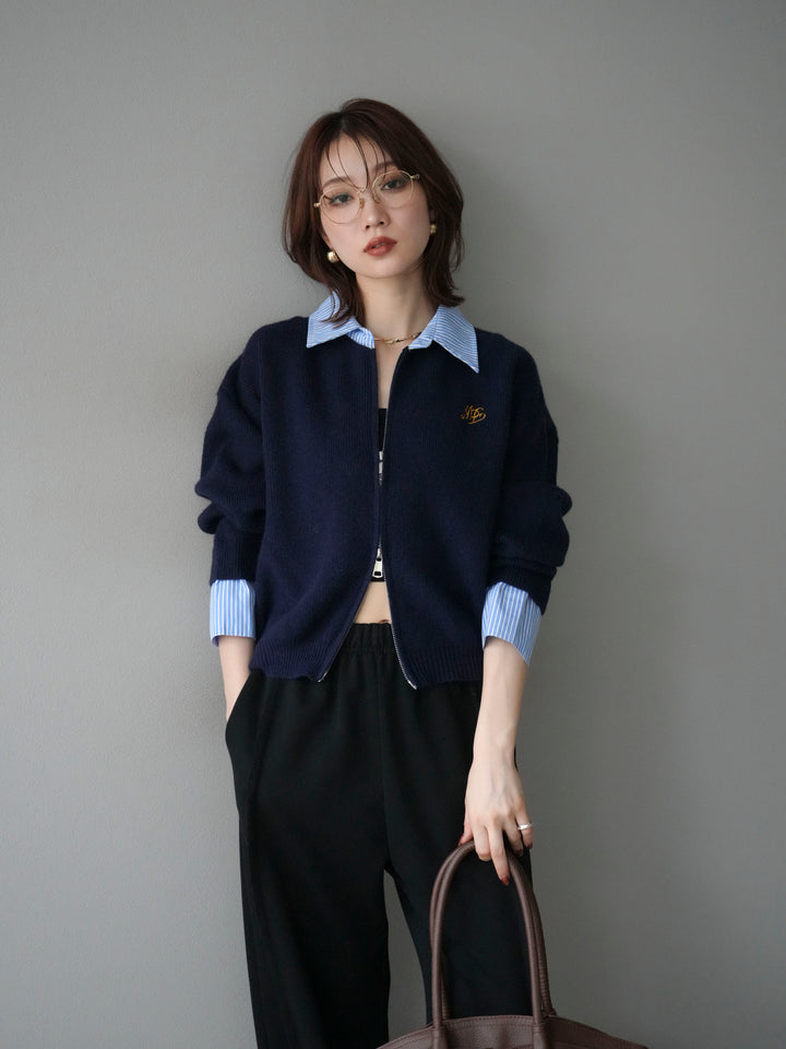 [予約]ストライプシャツレイヤードZIPニットカーディガン/navy