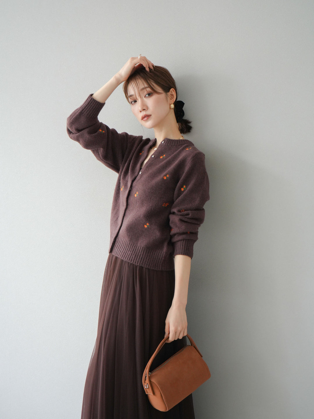 [SET]フラワー刺繍ニットカーディガン+チュールボリュームスカート(2set)