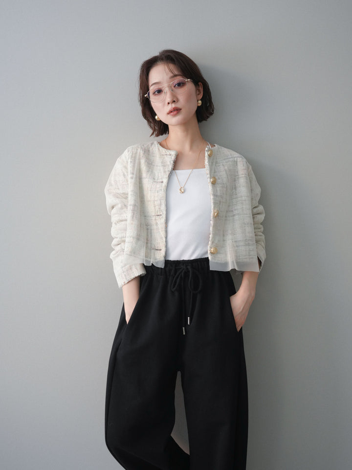 [予約]チュールレイヤードツイードクロップドジャケット/pink