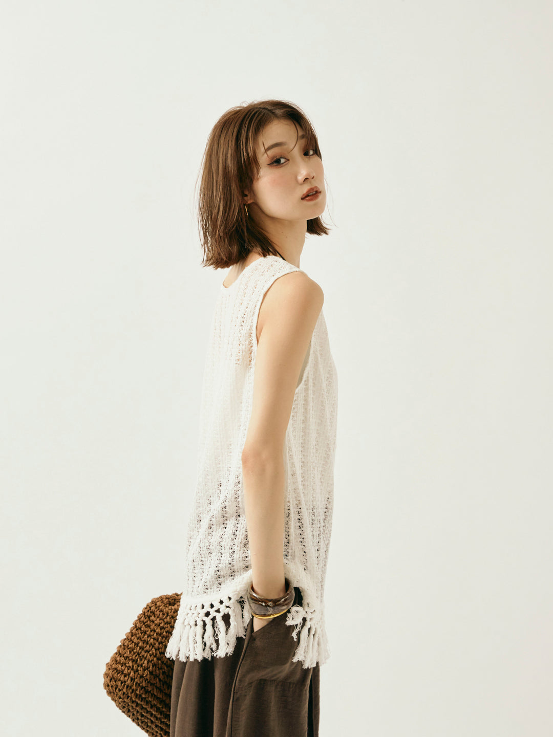 [予約]フリンジ透かし編みニットベスト/ホワイト