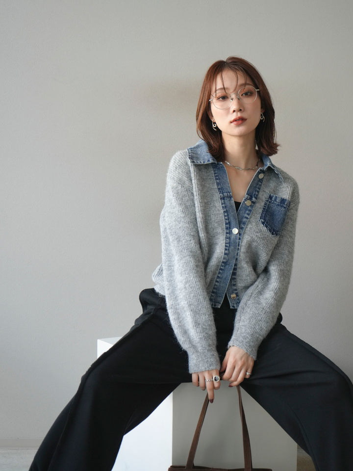 [予約]デニム襟ポケットニットカーディガン/gray