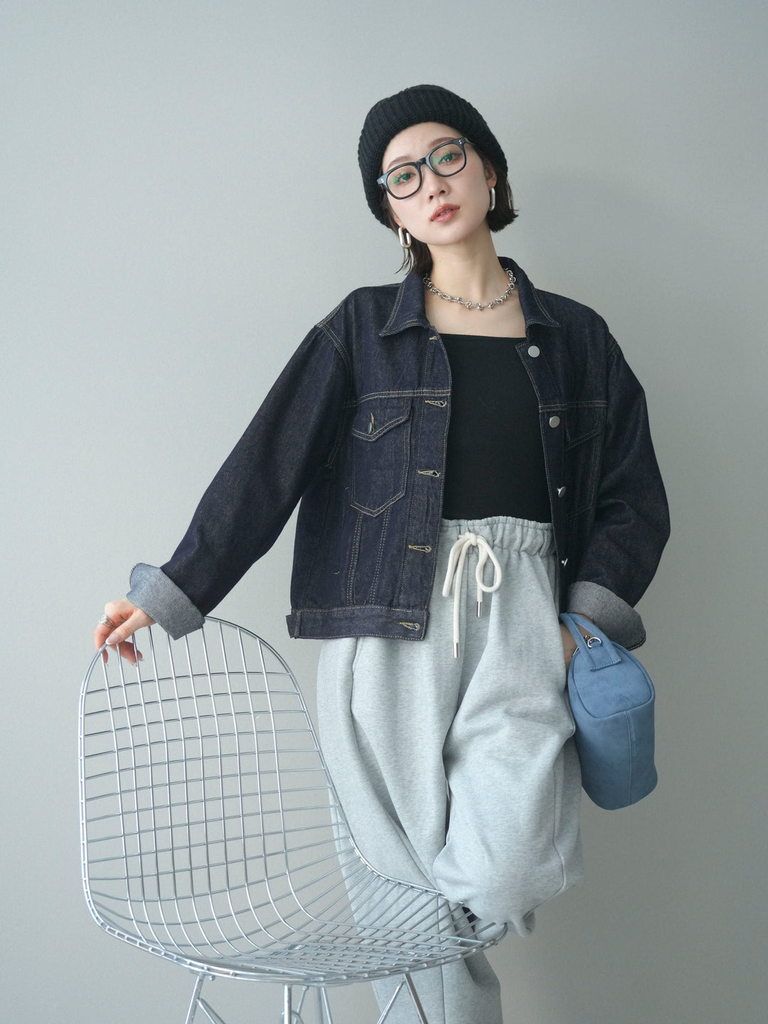 [予約]配色ステッチデニムジャケット/darkblue