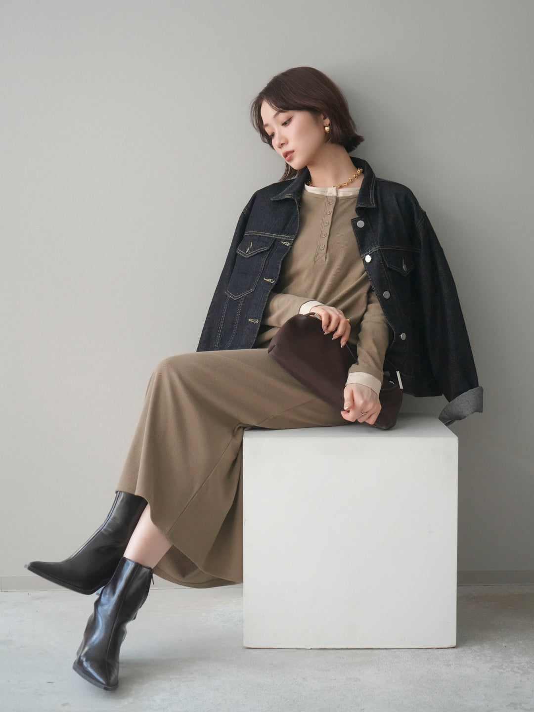 [予約]配色レイヤードヘンリーネックカットリブワンピース/mocha