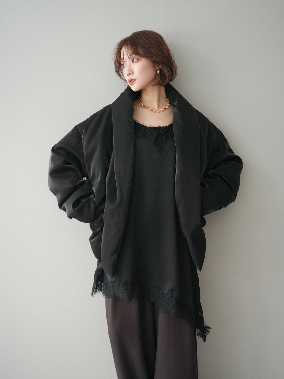 [20%オフ]シャイニーアシンメトリーダウンジャケット/black