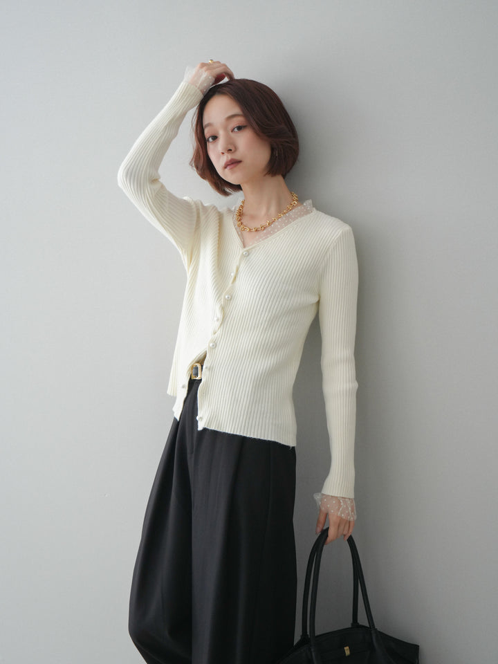 [予約]チュールドッキングパールボタンニットカーディガン/ivory