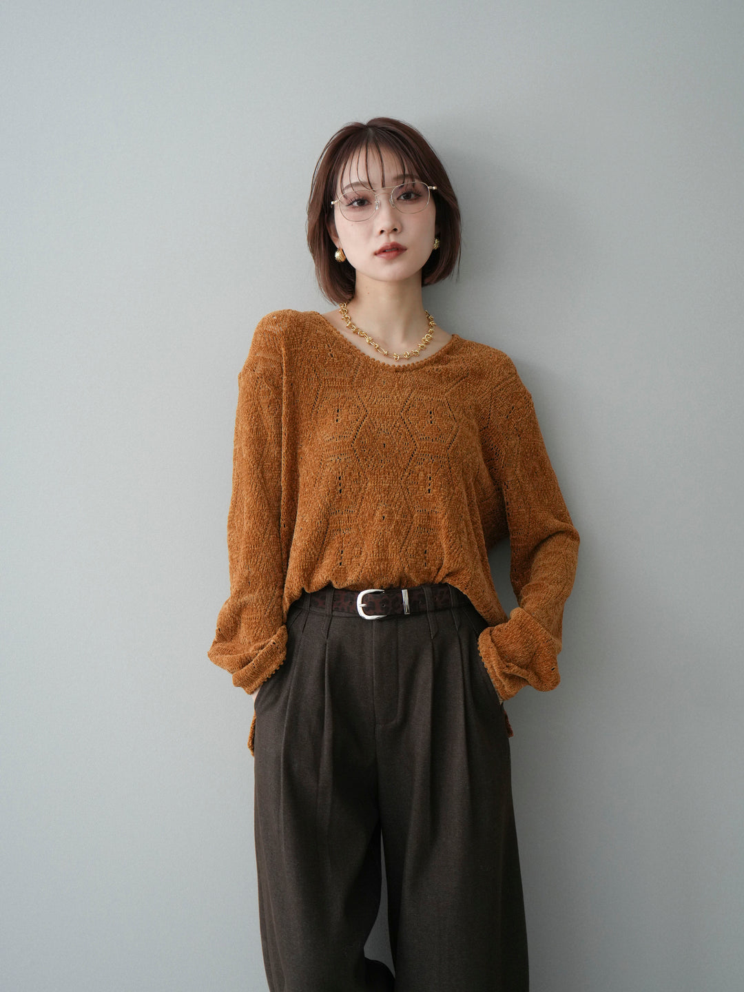 [SET]モール透かし編みニットトップス+モール透かし編みニットトップス(2set)