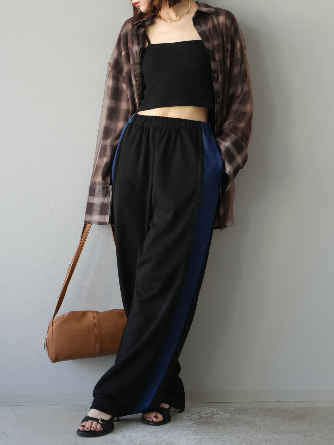 [予約]チュールドッキングチェック柄オーバーサイズシャツ/ブラウン