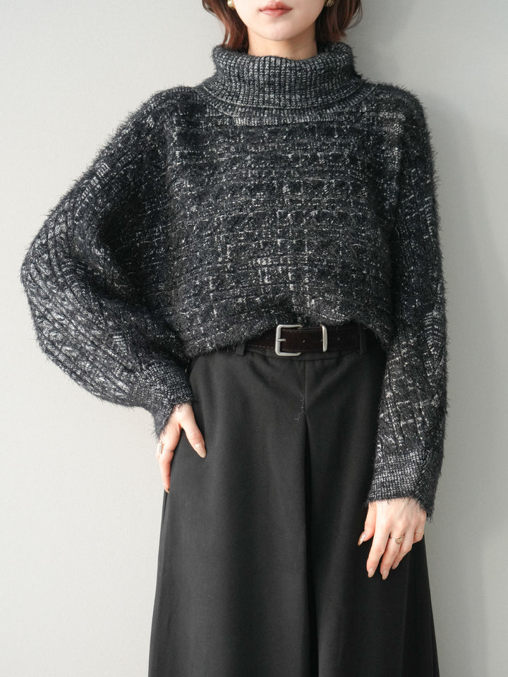[SET]オフタートルケーブル編みニットプルオーバー+ベルト付きフロントタックワイドパンツ(2set)