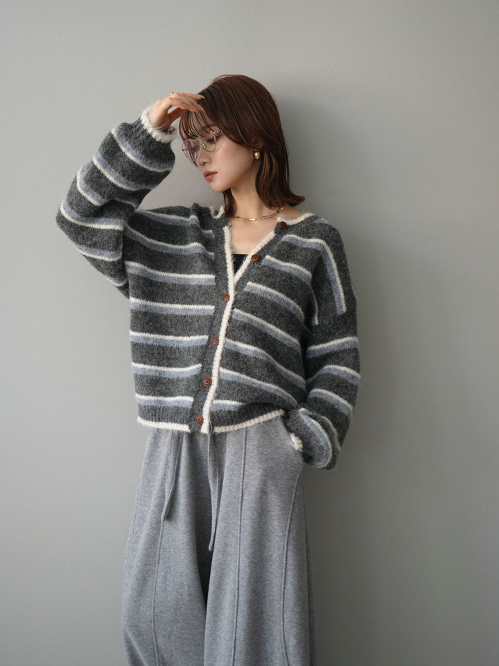 [予約]ウールタッチ配色ボーダーニットカーディガン/gray
