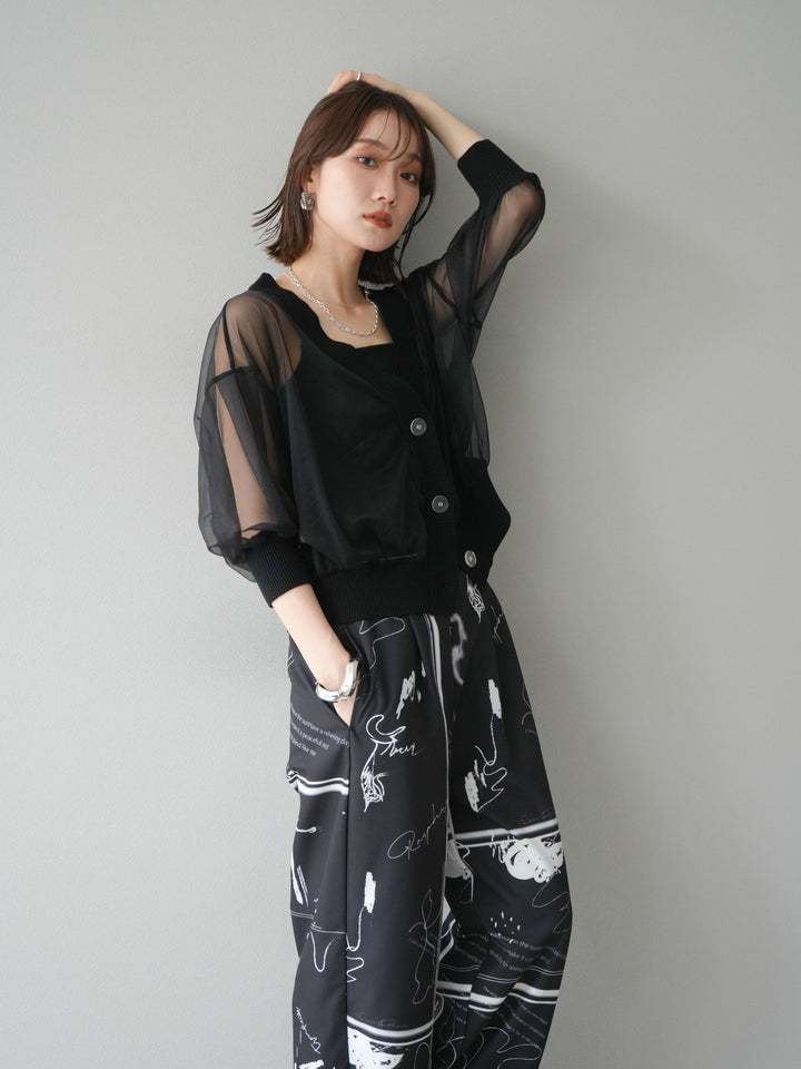 [SET] 透視半袖褶皺開襟衫 + 彩繪圖案褶襉褲 (2set)