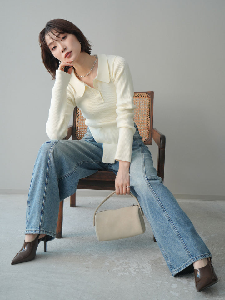 [予約]リブポロニットボディスーツ/ivory