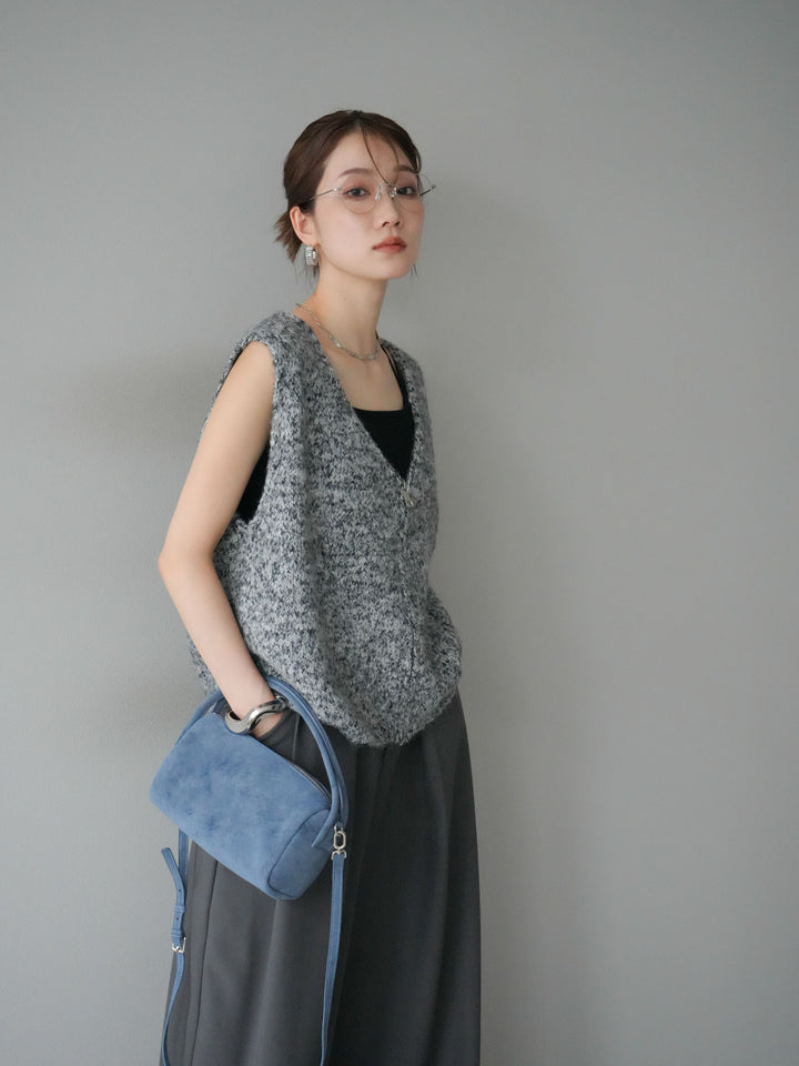 [予約]フロントZIPミックスニットベスト/ブラック