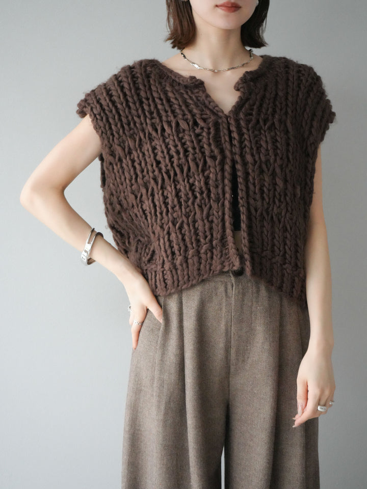 [SET] 手編繩結背心+粗花呢觸感褶皺寬褲（2件組）