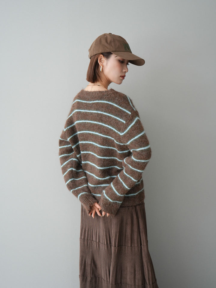 [予約]ボーダーシャギーニットカーディガン/brown