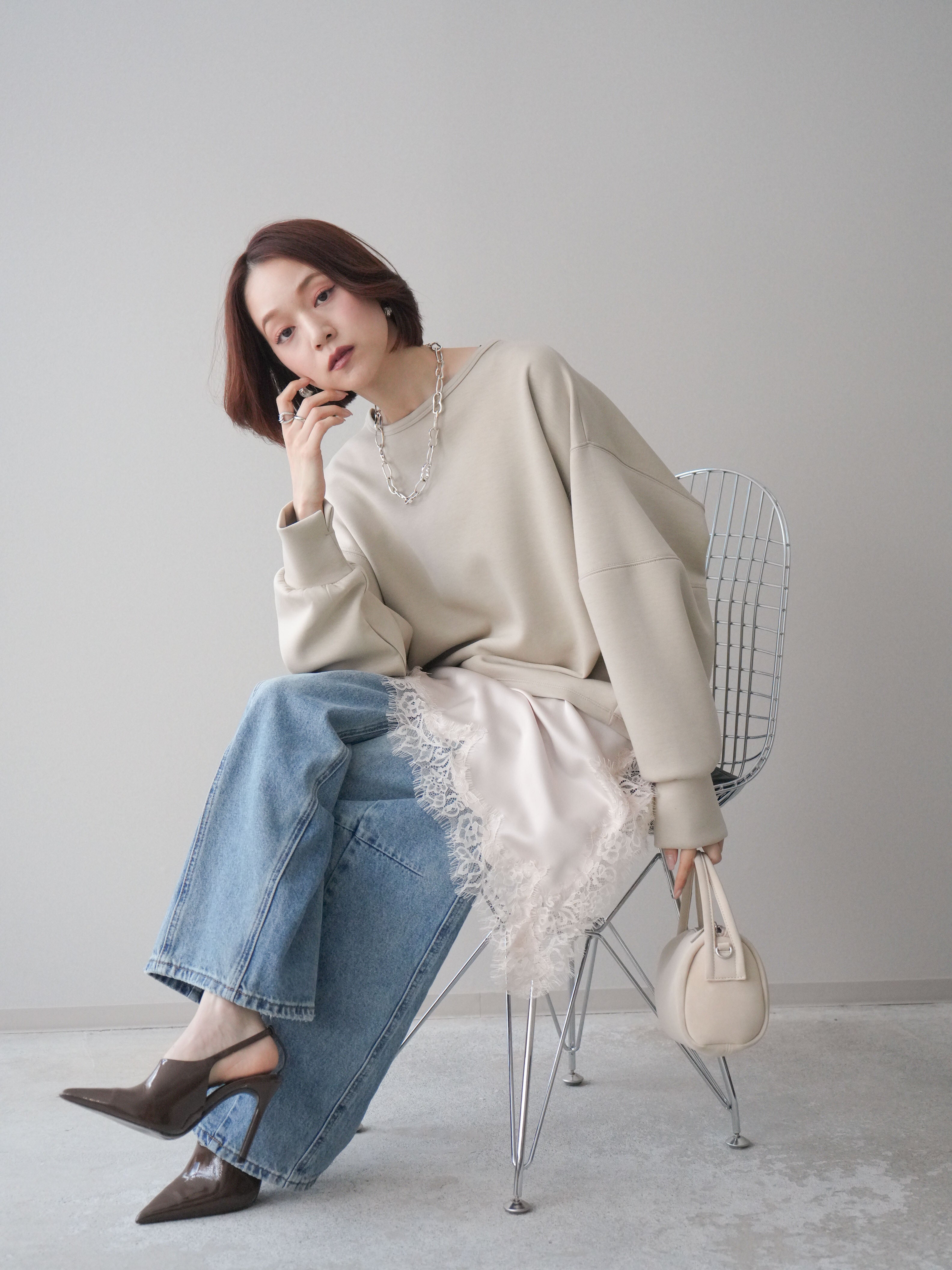 SET]ライトポンチコクーンプルオーバー+アシンメトリーサテンレース