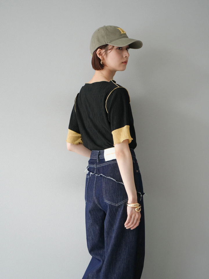 [SET] 百褶同色船領套頭衫 + 臀部設計牛仔褲（2 件組）