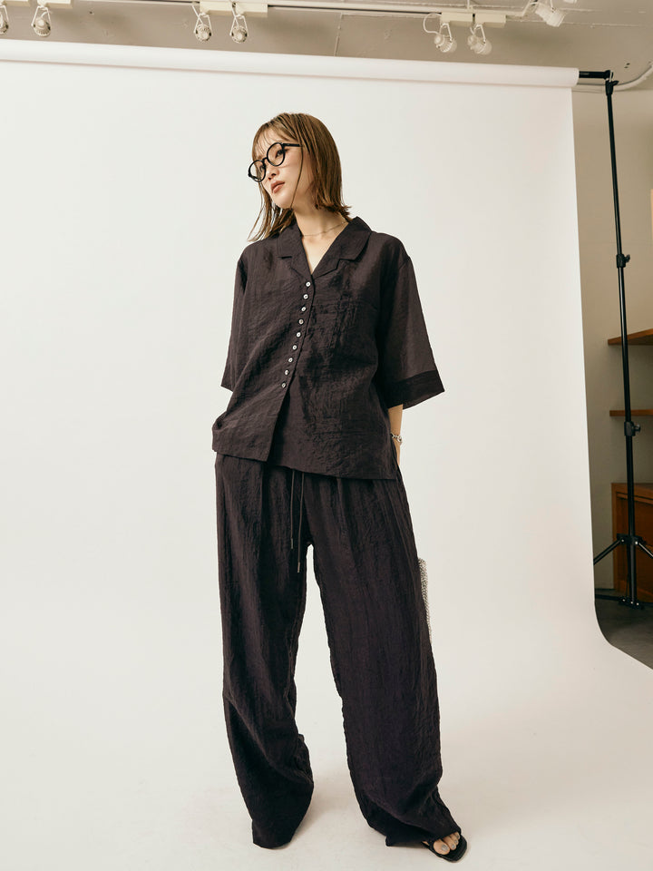 【Allure】[SET]シャイニースラブシアー開襟ハーフシャツ+シャイニースラブシアーワイドパンツ(2set)