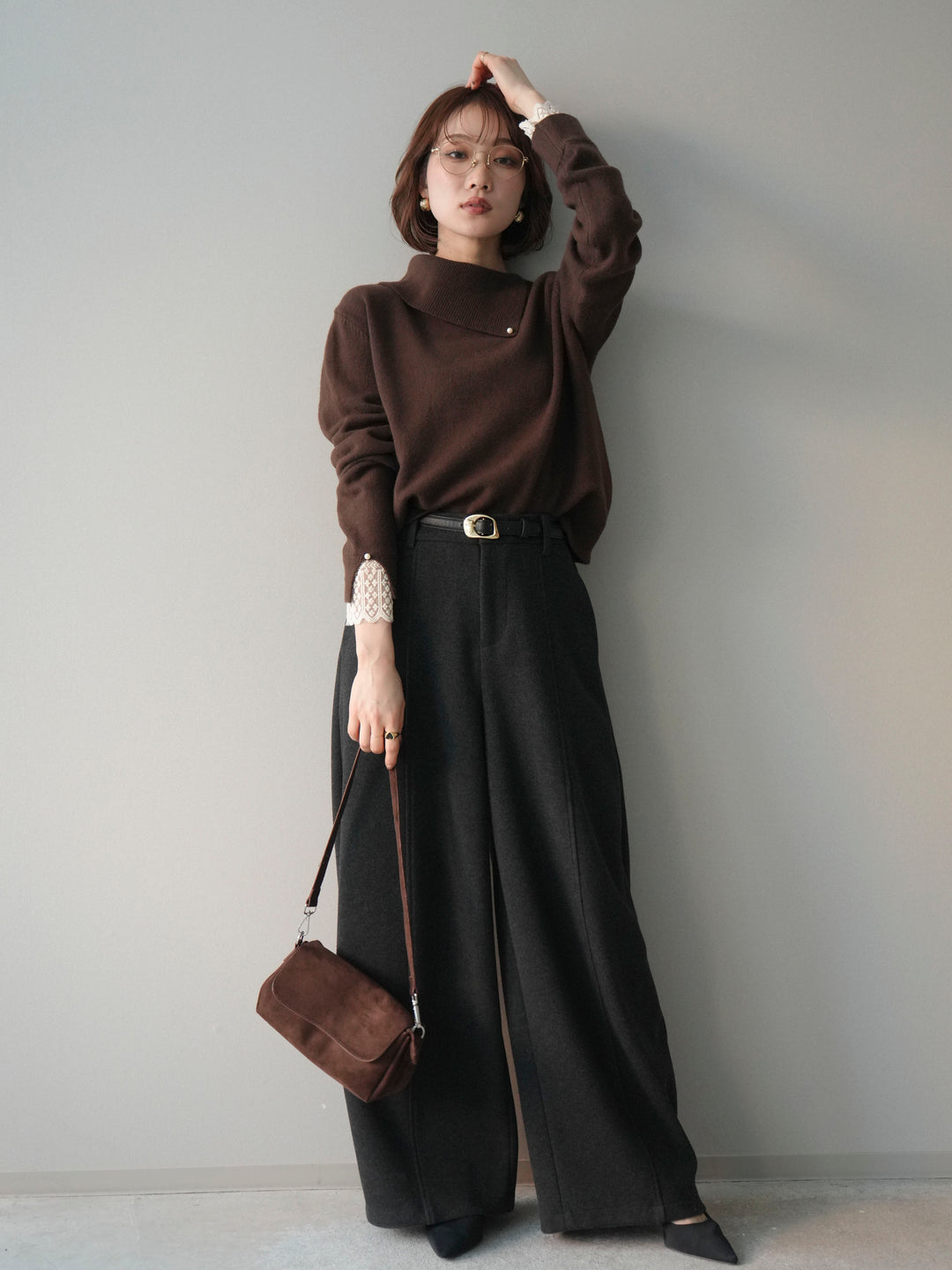 [SET]袖レースパール付き配色ニットトップス+ウールタッチカーブパンツ(2set)