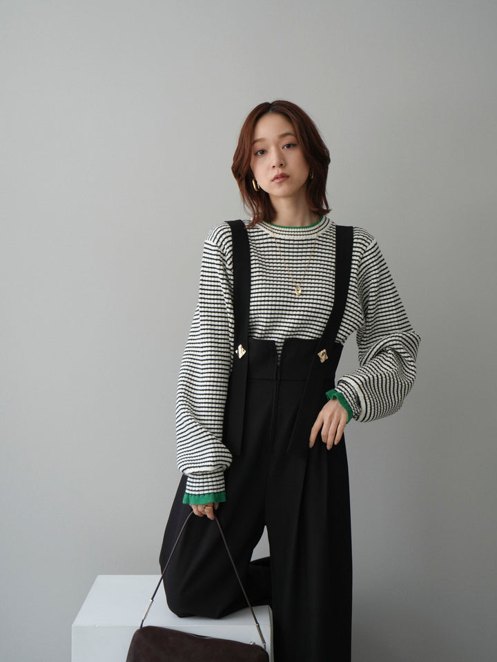 [SET]ラメ異素材ボーダーリブニットプルオーバー+ゴールドボタンサスペンダーワイドパンツ(2set)