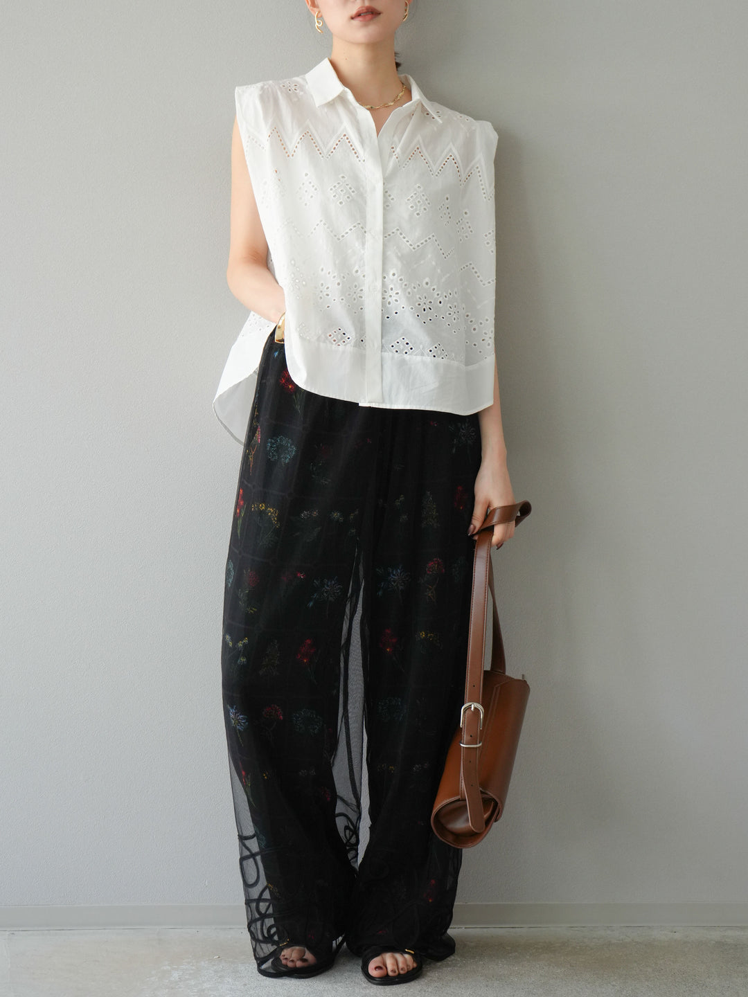 [予約]パッチワークフラワープリントイージーパンツ/ブラック