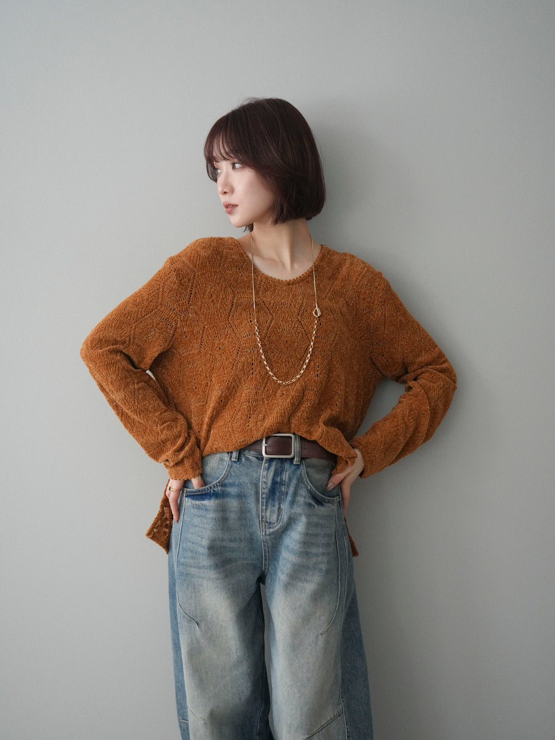 [予約]モール透かし編みニットトップス/camel