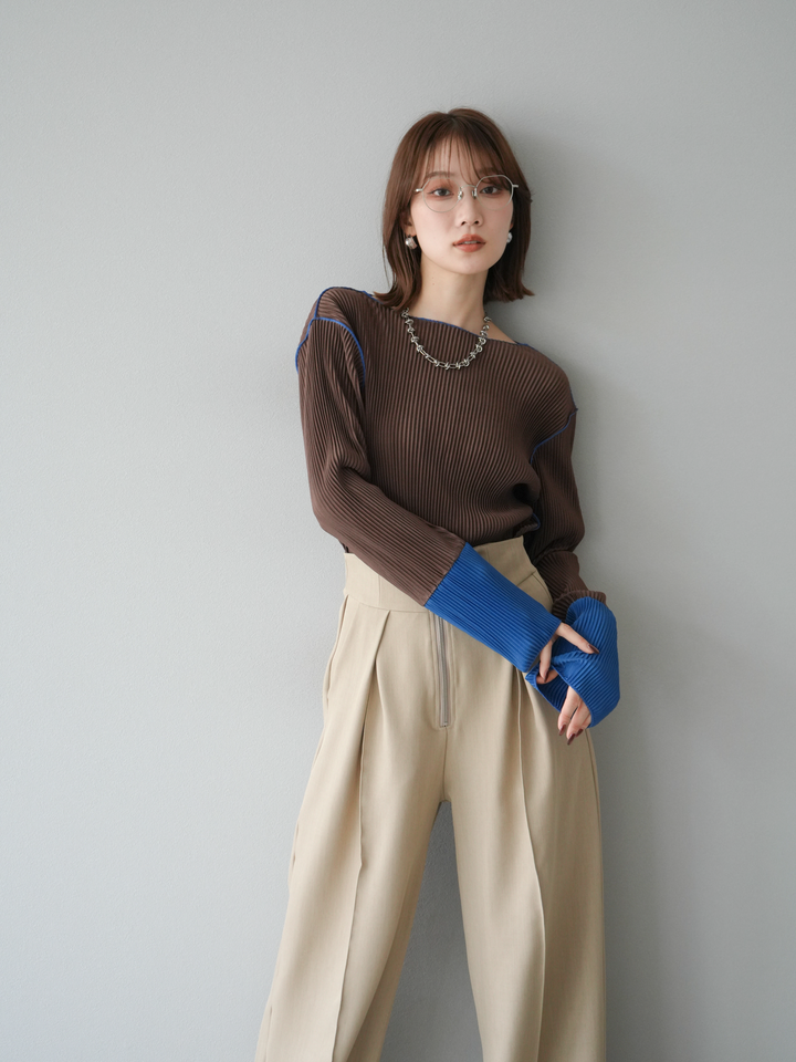 [予約]バイカラープリーツトップス/ブラウン