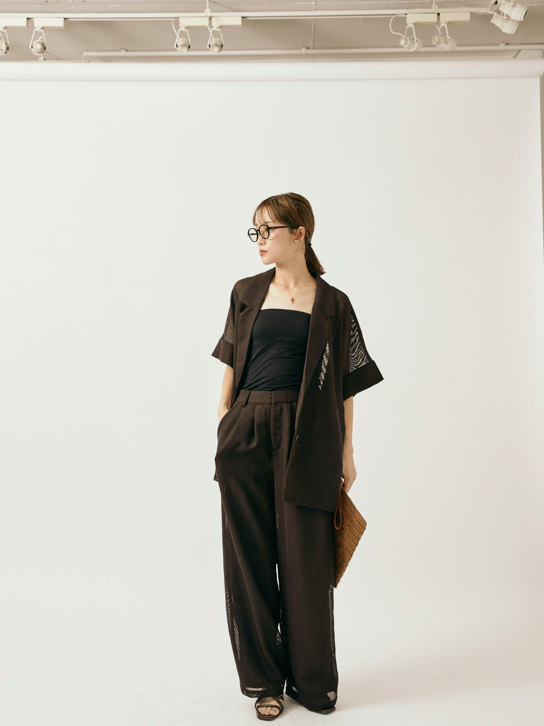 [予約]メッシュタックワイドパンツ/ブラウン