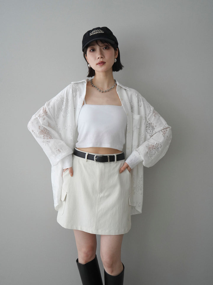 【套裝】提花蕾絲罩衫+繫帶工裝迷你裙（兩件套）