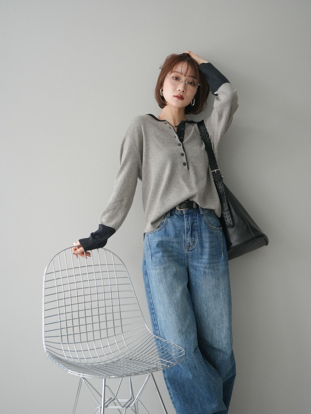 [SET]ヘンリーネック配色ニットソー+ヘンリーネック配色ニットソー(2set)