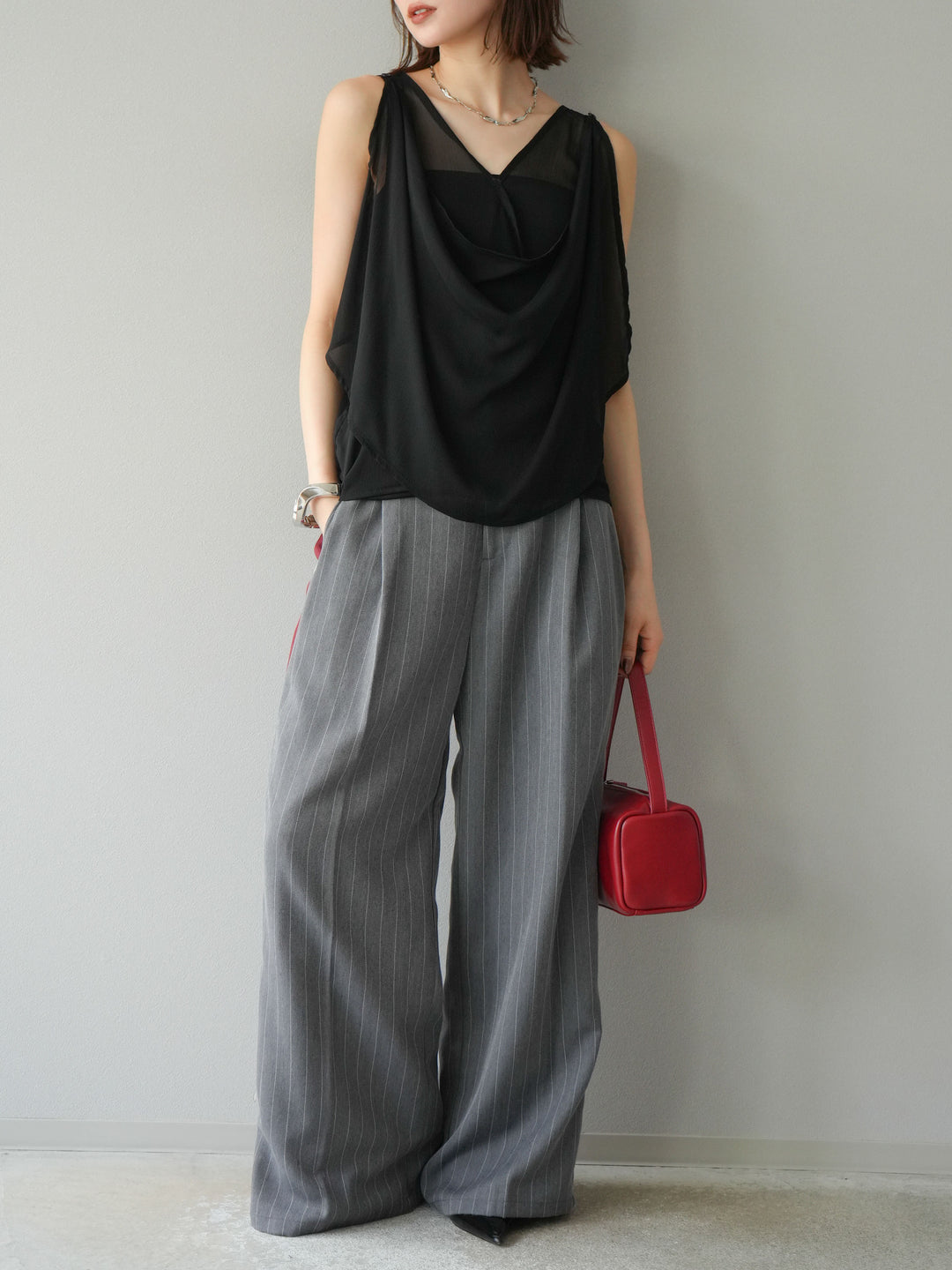 [予約]サイドラインストライプワイドパンツ/グレー